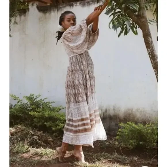 DAUGHTERS OF INDIA Jasmine Midi Dress Women Small White Brown Block Print Cotton - Picture 1 of 16